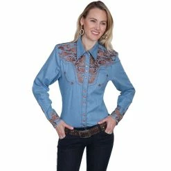 Scully Legends Women's Poly/Rayon Blend Snap Front Blouse, PL-654-BLU-L