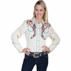 Scully Legends Women's Full Color Embroidered Horse and Flower Shirt, PL-856C-CRM-L