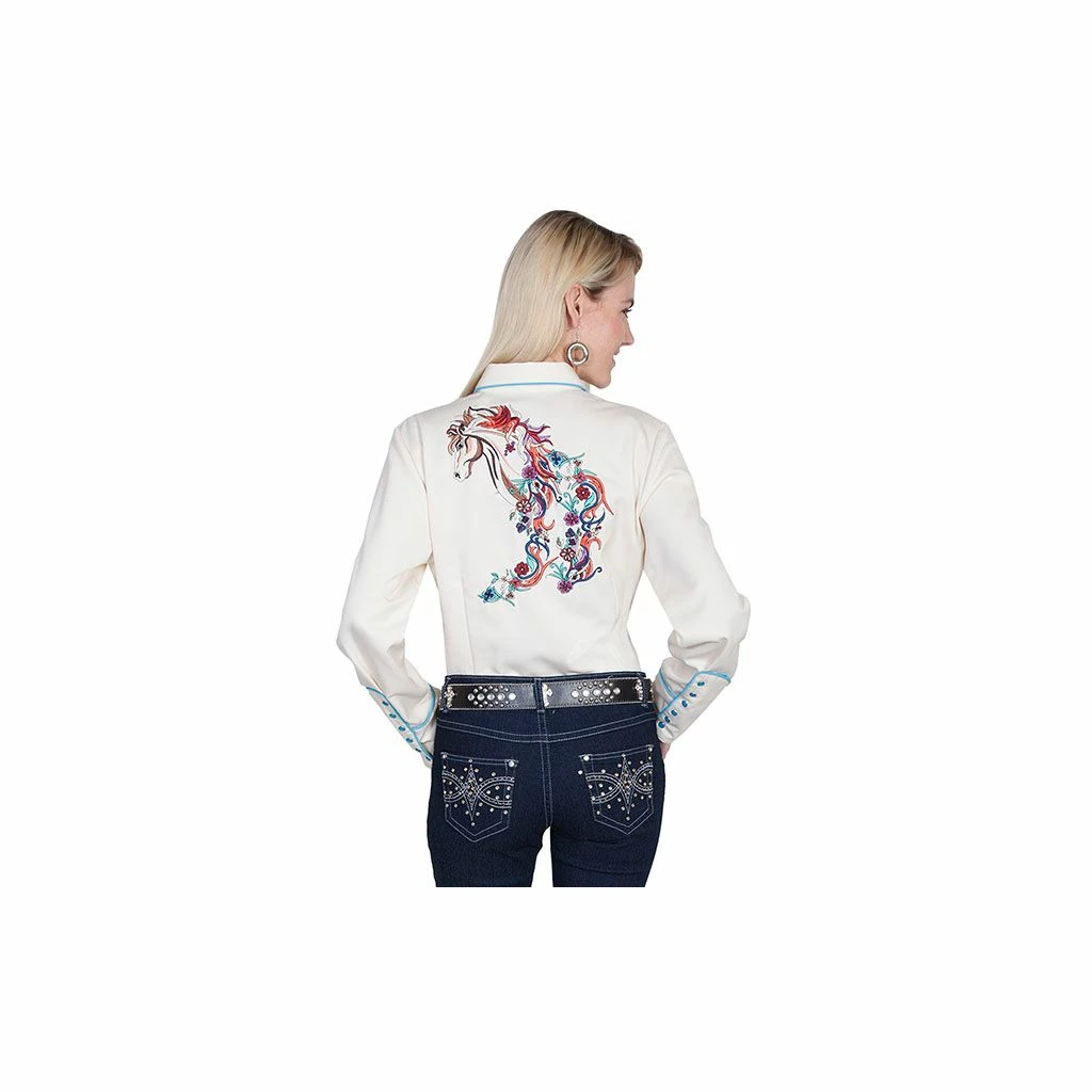 Scully Legends Women's Full Color Embroidered Horse and Flower Shirt, PL-856C-CRM-L 4 Scully Legends Women's Full Color Embroidered Horse and Flower Shirt, PL-856C-CRM-L - Image 2