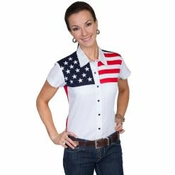 Scully Women's Patriot Collection 100% Cotton Snap Front Cap Sleeve Western Blouse, Red/White/Blue, PL-756SS-WHT-L
