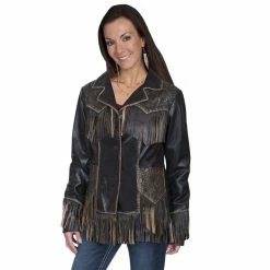 Scully Leather Tooled Fringe Western Jacket, Contrast Stitching, 3-Bone Front Button Closure, L727-259-XXL