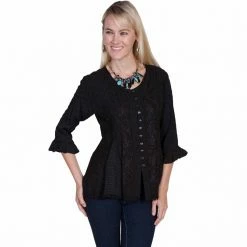 Scully Honey Creek Women's Rayon Multi-Fabric 3/4 Sleeve Blouse, HC67-IVO-XXL